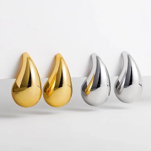 Close-up view of premium artificial 2 Pairs Combo Celebrity Inspired Stylish Gold Silver Plated Teardrop Earrings Dupes for Women Girls Teenagers Trending Oversized Lightweight Statement Waterdrop Earrings by Innovate Art Impex.