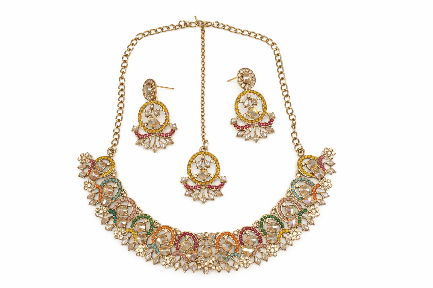 Close-up view of premium artificial Antique Gold Multi Color Stone Jewelry Set with Crescent Earrings & Maang Tikka by Innovate Art Impex.