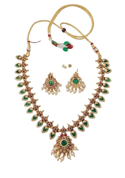 Antique Gold-Toned Palakka Motif Layered Temple Necklace Combo Set with Artificial Stones