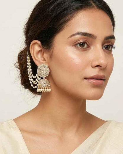 Bahubali Kundan Jhumka — Triple-Layered Pearl Sahare Chain Earrings