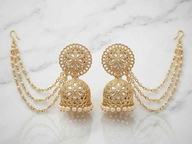 Bahubali Gold Kundan Jhumka — Gold Plated Triple-Layered Pearl Sahare Chain Earrings