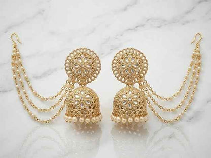 Bahubali Gold Kundan Jhumka — Gold Plated Triple-Layered Pearl Sahare Chain Earrings
