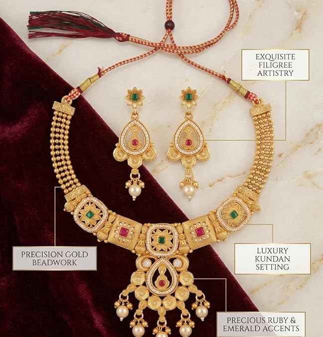 Filigree Kundan Choker Set — Gold Plated Necklace with Teardrop Earrings & Pearl Accents
