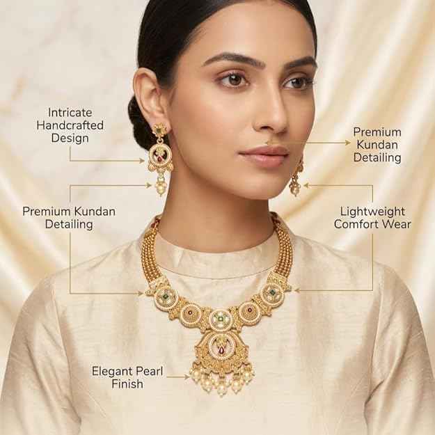 Hand-Strung Pearl Kundan Choker Set — Gemstone Necklace with Matching Earrings