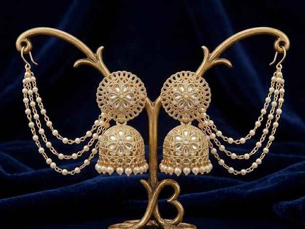 Bahubali Gold Kundan Jhumka — Gold Plated Triple-Layered Pearl Sahare Chain Earrings