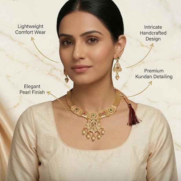 Filigree Kundan Choker Set — Gold Plated Necklace with Teardrop Earrings & Pearl Accents