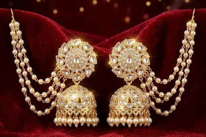 Bahubali Kundan Jhumka — Triple-Layered Pearl Sahare Chain Earrings