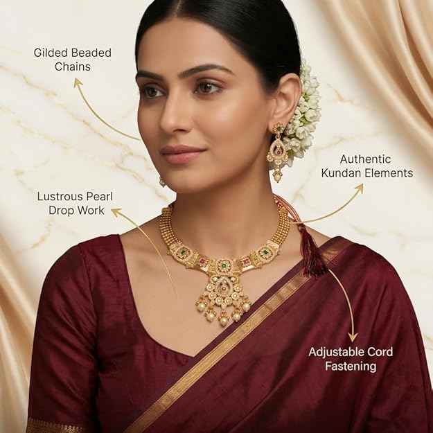 Filigree Kundan Choker Set — Gold Plated Necklace with Teardrop Earrings & Pearl Accents