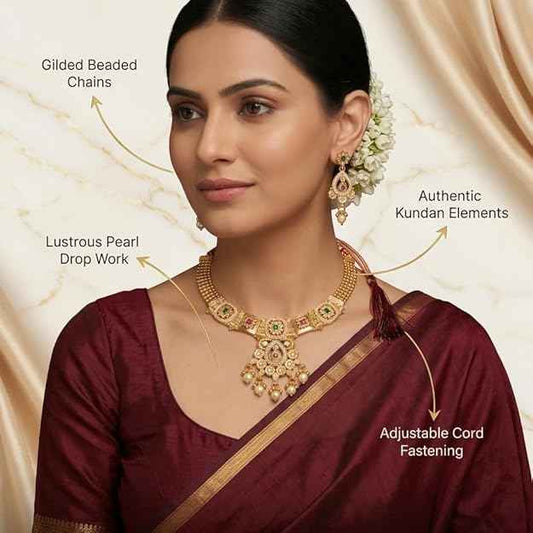 Filigree Kundan Choker Set — Gold Plated Necklace with Teardrop Earrings & Pearl Accents
