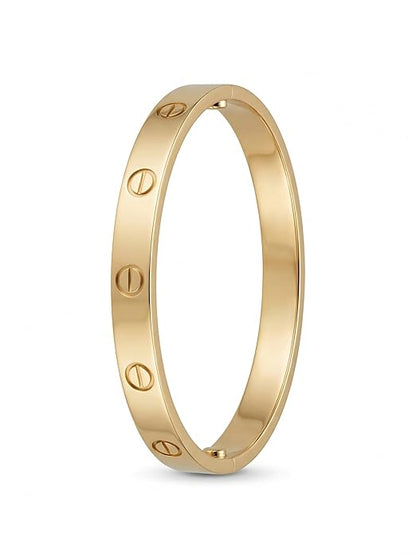 Close-up view of premium artificial Innovate Art Impex Women's Stylish Gold-Plated Screw Design Bracelet - Iconic Minimalist Bangle - High-Metal Imitation Jewellery - Free Size with Side Lock Closure by Innovate Art Impex.