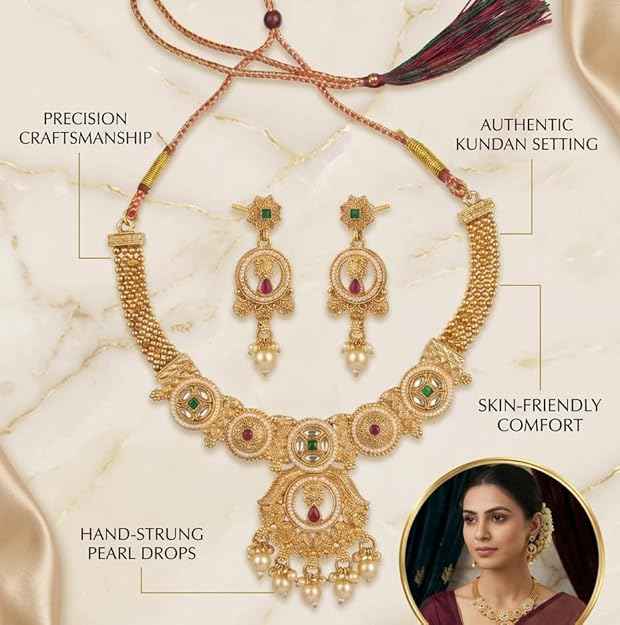 Hand-Strung Pearl Kundan Choker Set — Gemstone Necklace with Matching Earrings