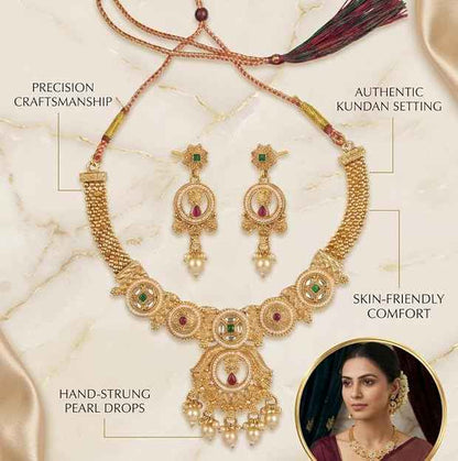 Hand-Strung Pearl Kundan Choker Set — Gemstone Necklace with Matching Earrings