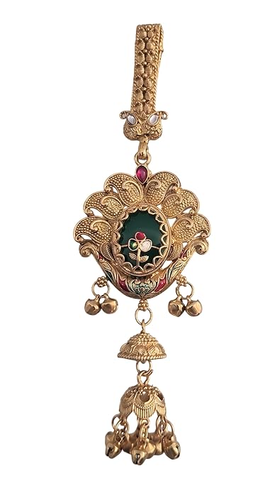 Traditional Antique Gold-Toned Filigree Saree Challa Waist Keychain for Women | Artificial Ethnic Kamarbandh Ornament with Green Oval Center & Jhumki Drop | INNOVATE ART IMPEX