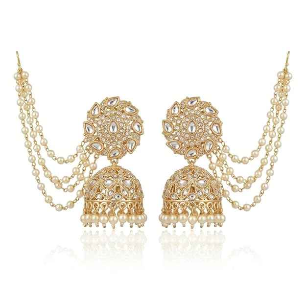 Bahubali Kundan Jhumka — Triple-Layered Pearl Sahare Chain Earrings