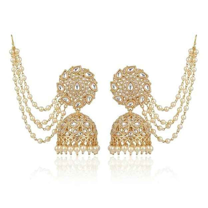 Bahubali Kundan Jhumka — Triple-Layered Pearl Sahare Chain Earrings