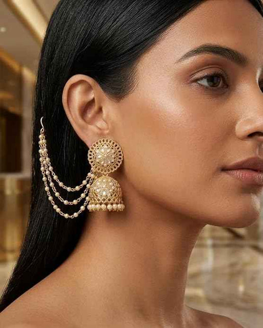 Bahubali Gold Kundan Jhumka — Gold Plated Triple-Layered Pearl Sahare Chain Earrings