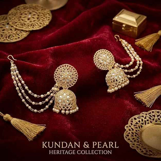 Bahubali Gold Kundan Jhumka — Gold Plated Triple-Layered Pearl Sahare Chain Earrings