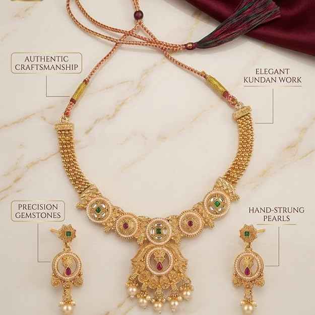 Hand-Strung Pearl Kundan Choker Set — Gemstone Necklace with Matching Earrings