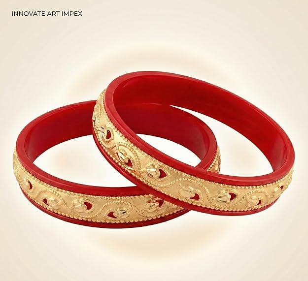 Close-up view of premium artificial Innovate Art Impex Traditional Bengali Red Pala Bangles for Women - Set of 2 | Gold Plated Leaf Textured Brass Alloy Bangles | Ethnic Shakha Pola Style Jewelry for Weddings, Festivals & Daily Use by Innovate Art Impex.