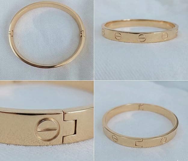 Close-up view of premium artificial Innovate Art Impex Women's Stylish Gold-Plated Screw Design Bracelet - Iconic Minimalist Bangle - High-Metal Imitation Jewellery - Free Size with Side Lock Closure by Innovate Art Impex.