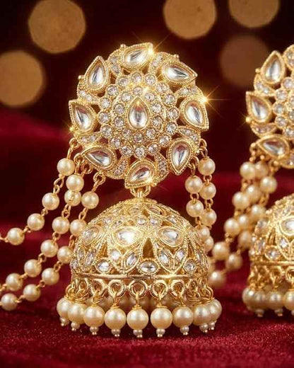 Bahubali Kundan Jhumka — Triple-Layered Pearl Sahare Chain Earrings