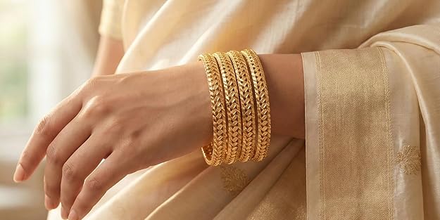Close-up view of premium artificial Innovate Art Impex Traditional Bengali Gold Tone Alloy Bangles Set of 4 for Women | Ethnic Indian Chudi Kada Jewelry for Girls | Bridal & Wedding Accessories | Daily Bangle Bracelet Pack by Innovate Art Impex.