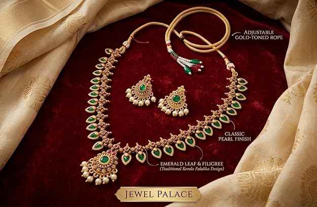 Antique Gold-Toned Palakka Motif Layered Temple Necklace Combo Set with Artificial Stones