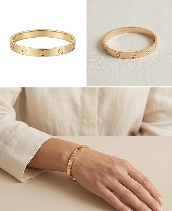 Close-up view of premium artificial Innovate Art Impex Women's Stylish Gold-Plated Screw Design Bracelet - Iconic Minimalist Bangle - High-Metal Imitation Jewellery - Free Size with Side Lock Closure by Innovate Art Impex.