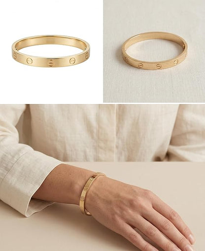 Close-up view of premium artificial Innovate Art Impex Women's Stylish Gold-Plated Screw Design Bracelet - Iconic Minimalist Bangle - High-Metal Imitation Jewellery - Free Size with Side Lock Closure by Innovate Art Impex.