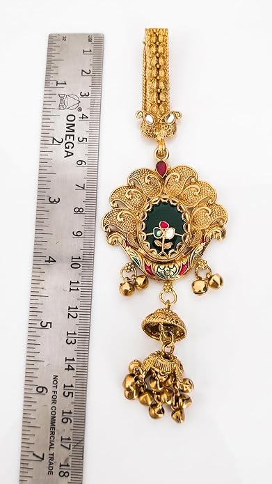 Traditional Antique Gold-Toned Filigree Saree Challa Waist Keychain for Women | Artificial Ethnic Kamarbandh Ornament with Green Oval Center & Jhumki Drop | INNOVATE ART IMPEX