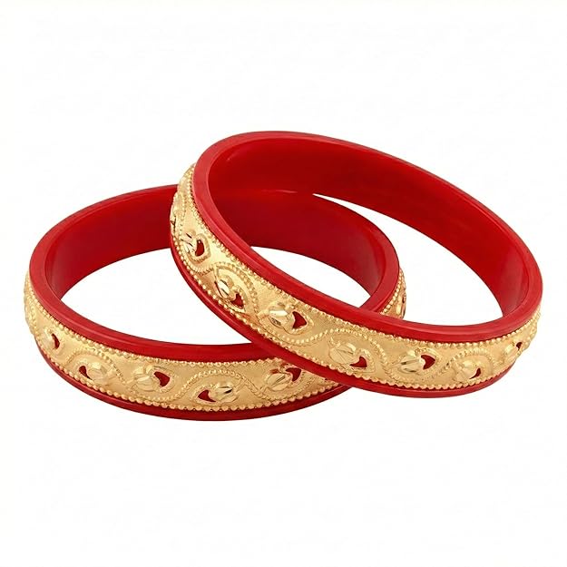 Close-up view of premium artificial Innovate Art Impex Traditional Bengali Red Pala Bangles for Women - Set of 2 | Gold Plated Leaf Textured Brass Alloy Bangles | Ethnic Shakha Pola Style Jewelry for Weddings, Festivals & Daily Use by Innovate Art Impex.