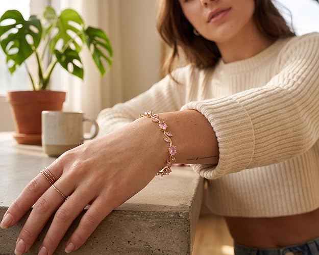 Gold-Toned Elysian Vine Link Bracelet with Radiant Pink Oval & Marquise Gemstones