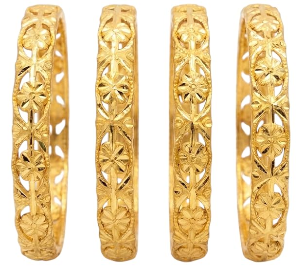 Close-up view of premium artificial Innovate Art Impex Traditional Bengali Golden Alloy Bangles Set of 4 for Women | Intricate Floral Filigree Cut-Out Ethnic Churi | Premium Artificial Gold Plated Bridal Wedding Jewelry | Festive Chudiya Pack for Girls by Innovate Art Impex.