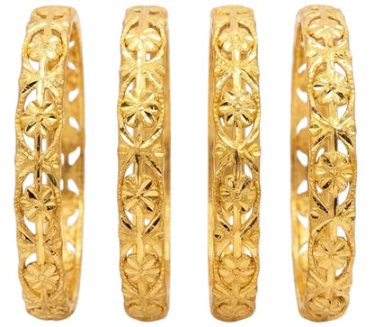 Close-up view of premium artificial Innovate Art Impex Traditional Bengali Golden Alloy Bangles Set of 4 for Women | Intricate Floral Filigree Cut-Out Ethnic Churi | Premium Artificial Gold Plated Bridal Wedding Jewelry | Festive Chudiya Pack for Girls by Innovate Art Impex.
