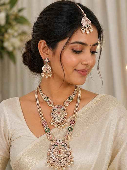 Traditional Antique Gold Plated Bridal Jewelry Set - Kundan Style Long Rani Haar, Choker, Earrings & Maang Tikka