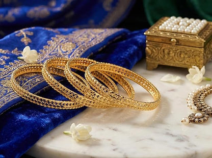 Close-up view of premium artificial Innovate Art Impex Traditional Bengali Gold Tone Alloy Bangles Set of 4 for Women | Ethnic Indian Chudi Kada Jewelry for Girls | Bridal & Wedding Accessories | Daily Bangle Bracelet Pack by Innovate Art Impex.