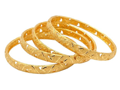 Close-up view of premium artificial Innovate Art Impex Traditional Bengali Gold Tone Alloy Bangle Set of 4 for Women | Intricate Cut-Out Leaf Pattern Ethnic Chudi Chura | Premium Anti-Tarnish Finish Shakha Pola Style Golden Bangles for Bridal Trousseau & Traditional Occasions by Innovate Art Impex.