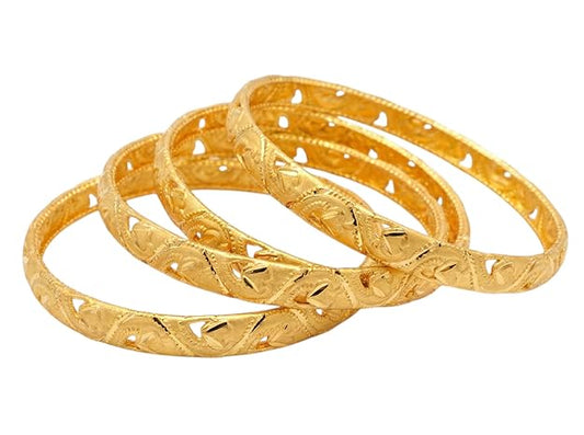Innovate Art Impex Traditional Bengali Gold Tone Alloy Bangle Set of 4 for Women | Intricate Cut-Out Leaf Pattern Ethnic Chudi Chura | Premium Anti-Tarnish Finish Shakha Pola Style Golden Bangles for Bridal Trousseau & Traditional Occasions