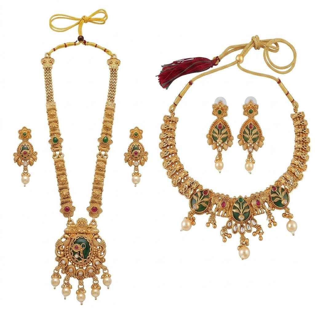 Complete INNOVATE ART IMPEX 4-piece jewelry combo set featuring a long temple haar with earrings and a matching Rajwadi choker with earrings on a plain white background.