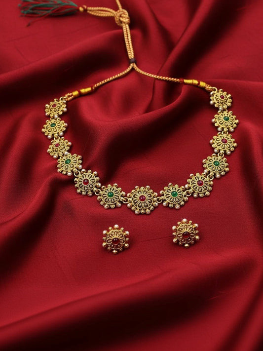 Close-up view of premium artificial Traditional Gold Plated Floral Choker Necklace Set with Ruby & Emerald Stones by Innovate Art Impex.