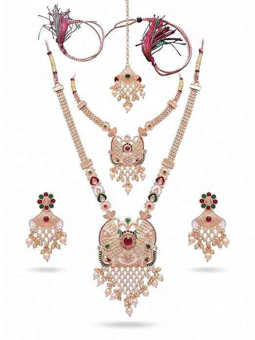 Traditional Kundan Style Rose Gold Bridal Jewelry Set - Long Rani Haar, Choker Necklace, Earrings & Maang Tikka with American Diamonds
