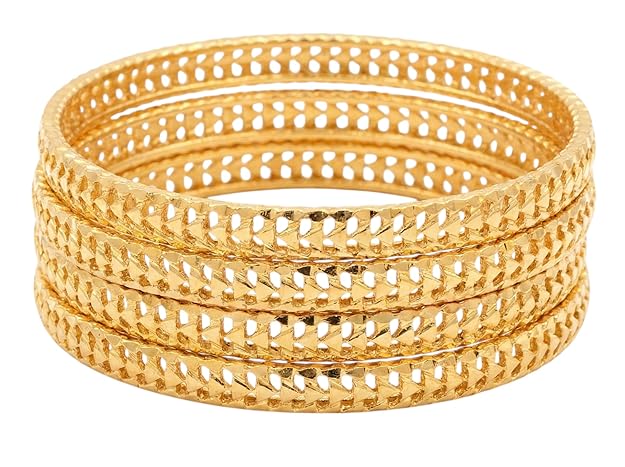 Close-up view of premium artificial Innovate Art Impex Traditional Bengali Gold Tone Alloy Bangles Set of 4 for Women | Ethnic Indian Chudi Kada Jewelry for Girls | Bridal & Wedding Accessories | Daily Bangle Bracelet Pack by Innovate Art Impex.