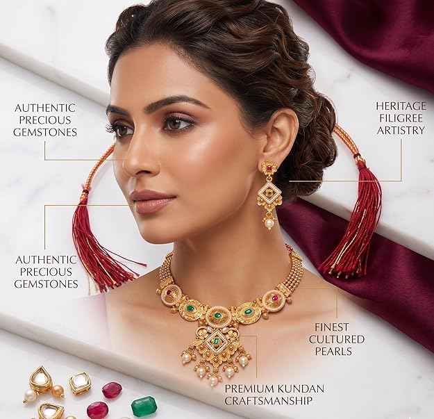 Adjustable Kundan Choker Set — Gold Plated Necklace with Pearl Drops & Matching Earrings