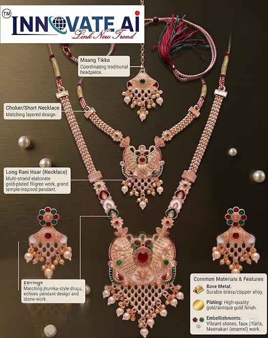 Traditional Kundan Style Rose Gold Bridal Jewelry Set - Long Rani Haar, Choker Necklace, Earrings & Maang Tikka with American Diamonds
