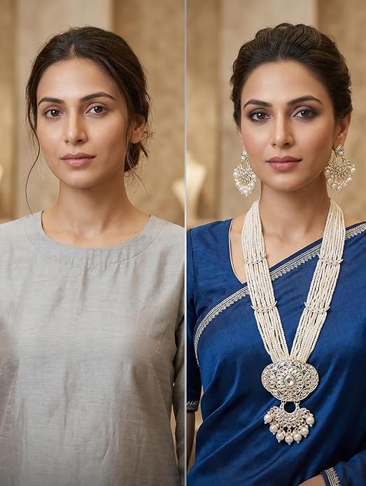 Close-up view of premium artificial Royal Kundan Rani Haar Long Necklace Set with Multi-Strand Pearls & Earrings by Innovate Art Impex.