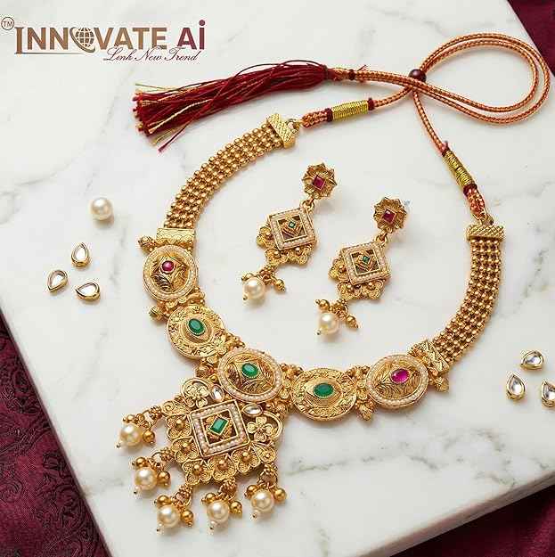 Adjustable Kundan Choker Set — Gold Plated Necklace with Pearl Drops & Matching Earrings