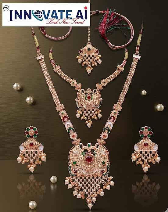Traditional Kundan Style Rose Gold Bridal Jewelry Set - Long Rani Haar, Choker Necklace, Earrings & Maang Tikka with American Diamonds