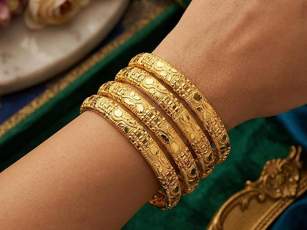 Close-up view of premium artificial INNOVATE ART IMPEX Traditional Gold-Plated Bangles Set of 4 for Women (Size 2.6) | Antique Brass & Alloy Ethnic Churi | Handcrafted Daily & Festive Kada Set for Ladies & Girls by Innovate Art Impex.