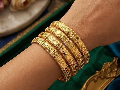 Close-up view of premium artificial INNOVATE ART IMPEX Traditional Gold-Plated Bangles Set of 4 for Women (Size 2.6) | Antique Brass & Alloy Ethnic Churi | Handcrafted Daily & Festive Kada Set for Ladies & Girls by Innovate Art Impex.