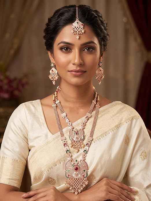Traditional Kundan Style Rose Gold Bridal Jewelry Set - Long Rani Haar, Choker Necklace, Earrings & Maang Tikka with American Diamonds